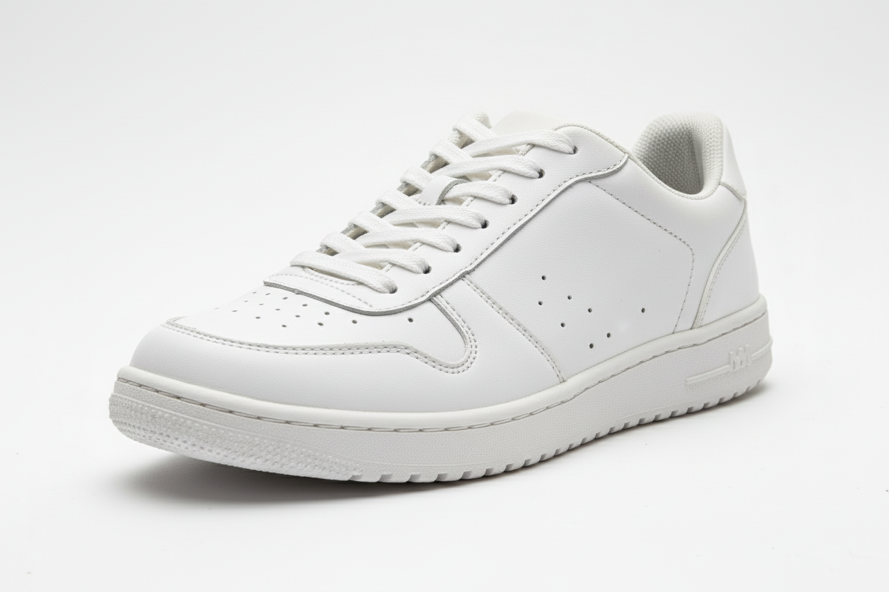 Clean white sneaker matching angle